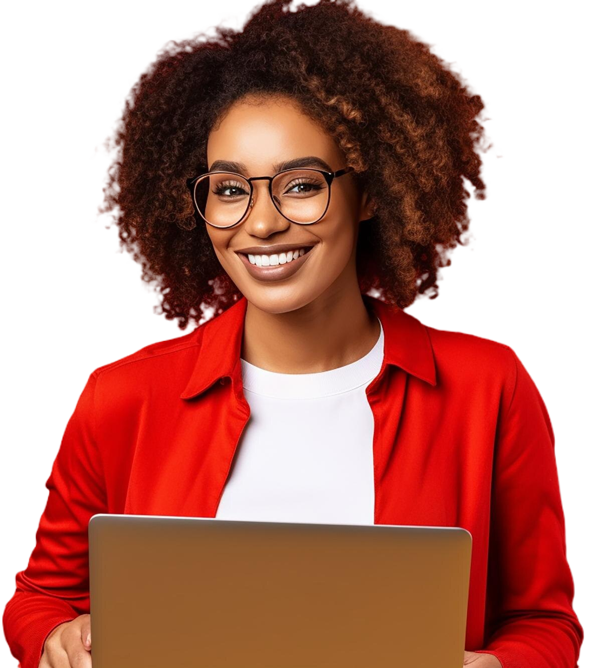 happy-woman-with-laptop-red-background-generative-ai happy-woman-with-laptop-red-background-generative-ai